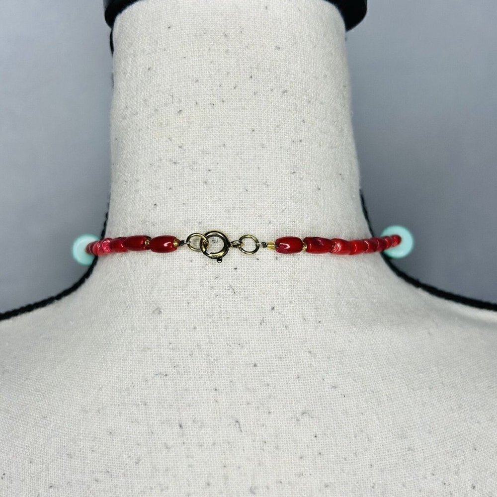 Faux Turquoise & Coral Tribal Tibetan Ethnic Pendant Necklace 19" - Picture 5 of 5